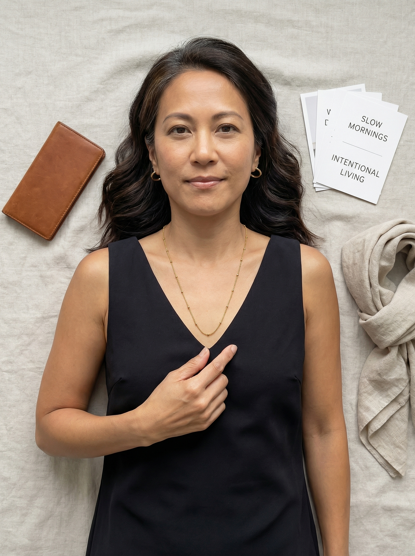 Overhead still-life: black slip dress, gold satellite necklace, hand and travel accessories on linen.