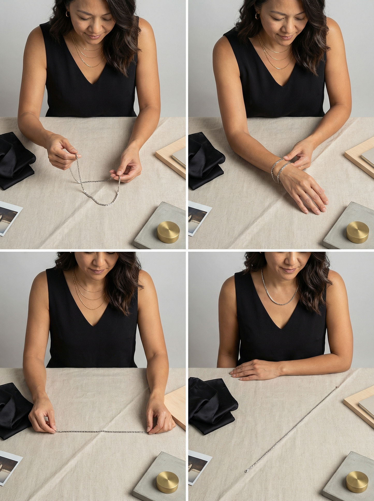 Model arranging stainless boxy chain on linen with wood and concrete accents in overhead composition