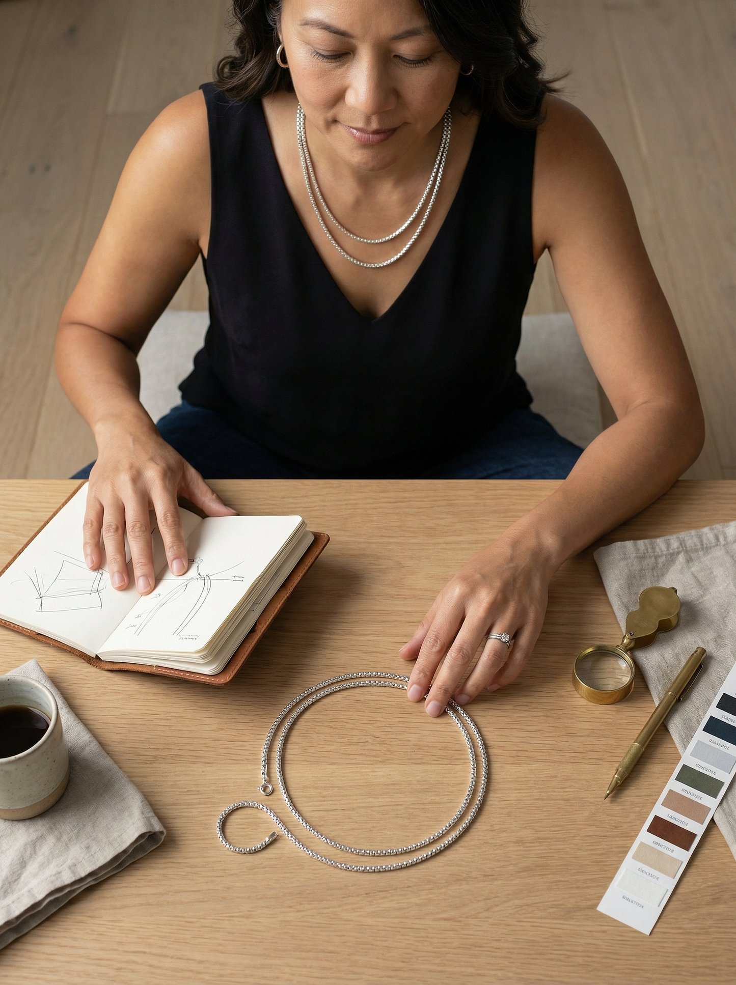 Overhead editorial study: model seated cross-legged with chain coiled on oak table