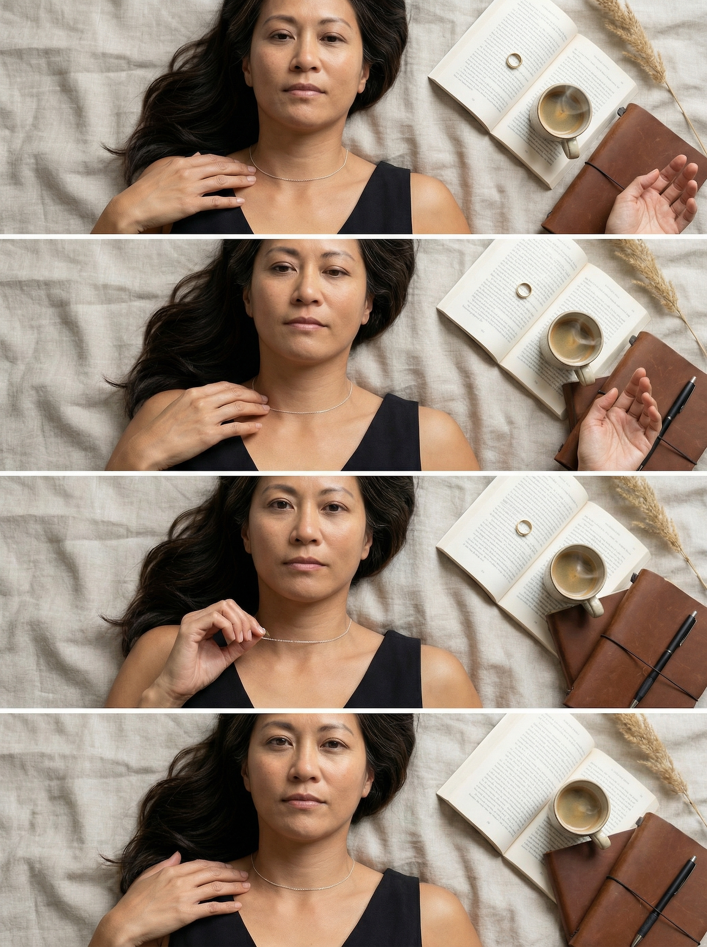 Overhead portrait of model reclining on linen, wearing delicate sterling rope necklace.