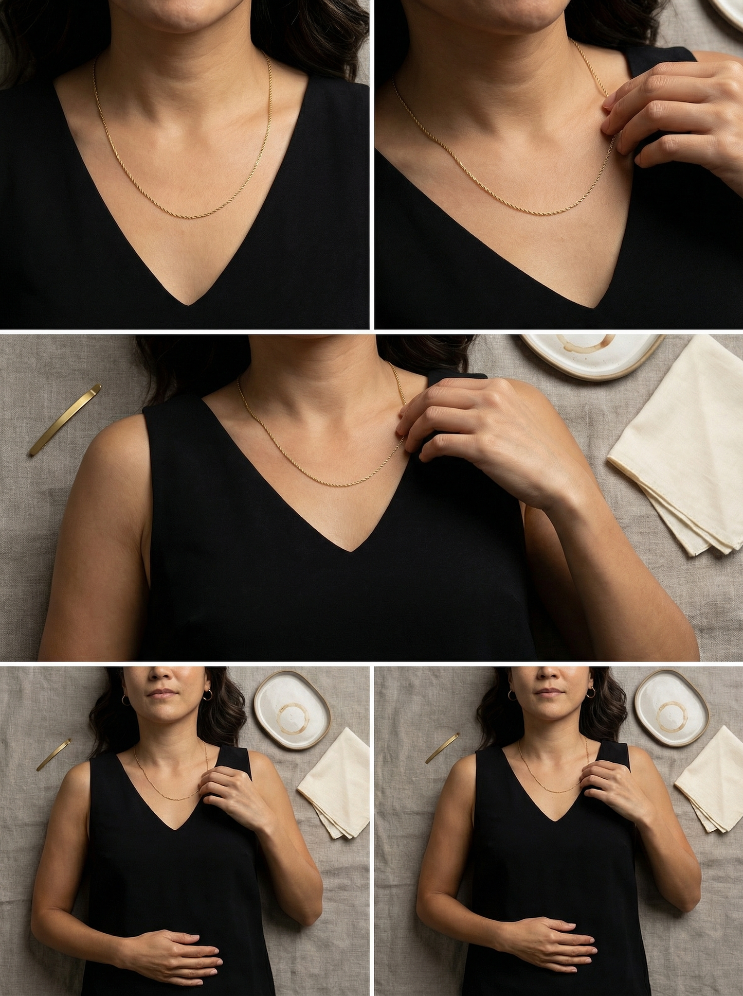 Overhead shot of model reclined on grey linen, gentle hand touching gold rope necklace