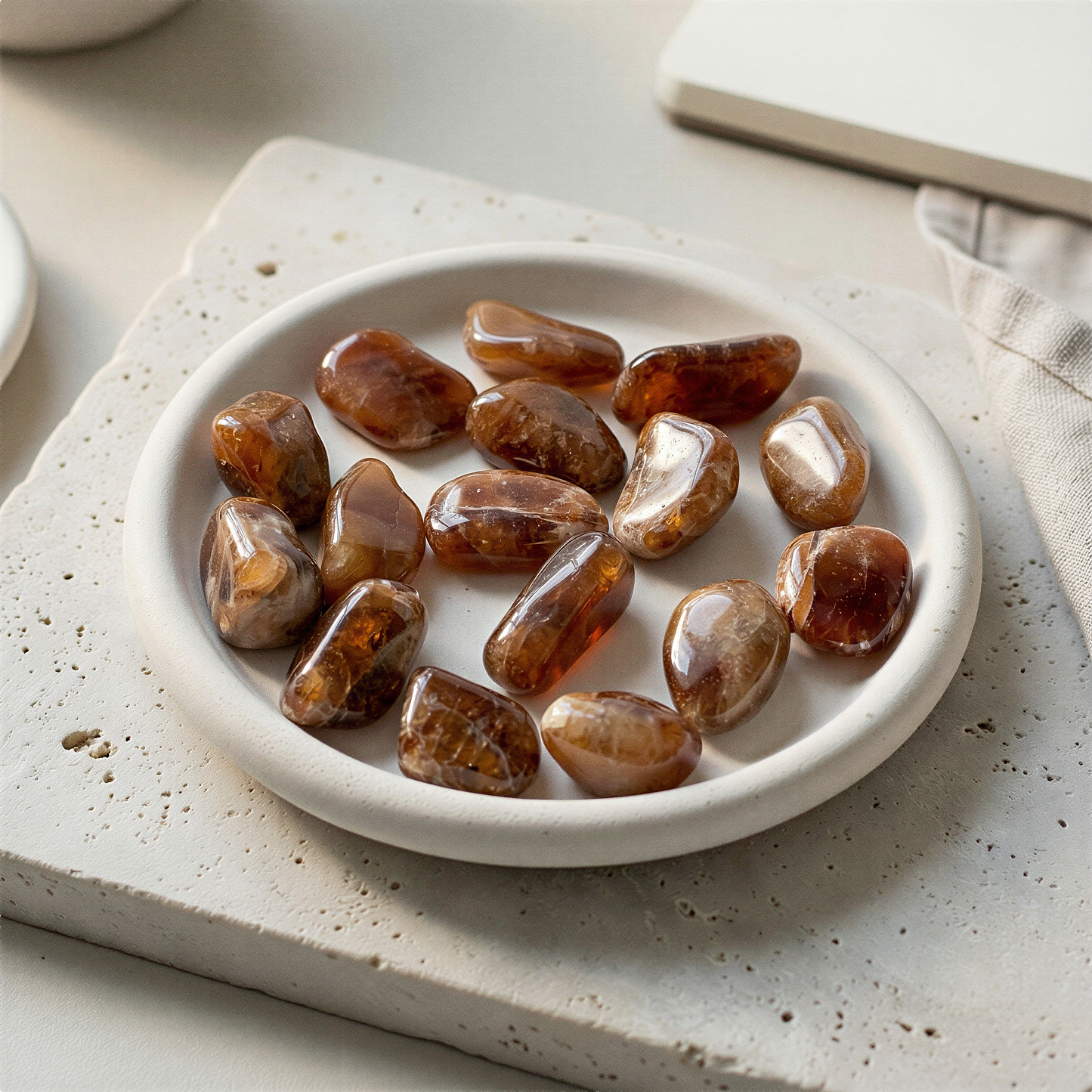 Spessartite garnet tumbled pocket stone resting on natural linen with soft daylight and subtle earthen textures
