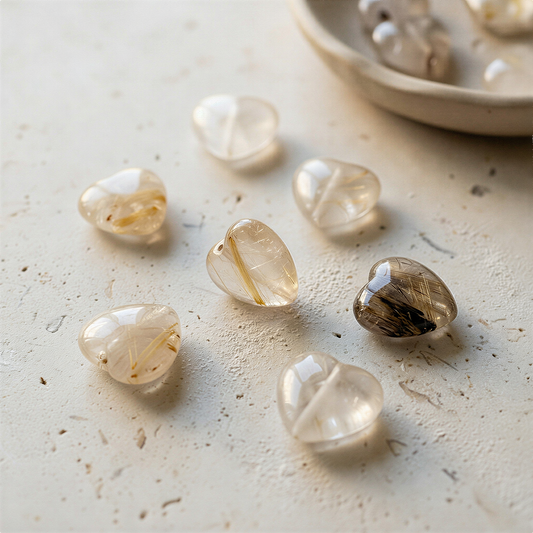 Gold rutilated quartz heart bead resting on soft linen with gentle natural light and organic textures