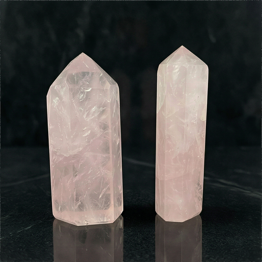 Mini rose quartz point on neutral backdrop with soft studio light, enhanced clarity and gentle blush tones