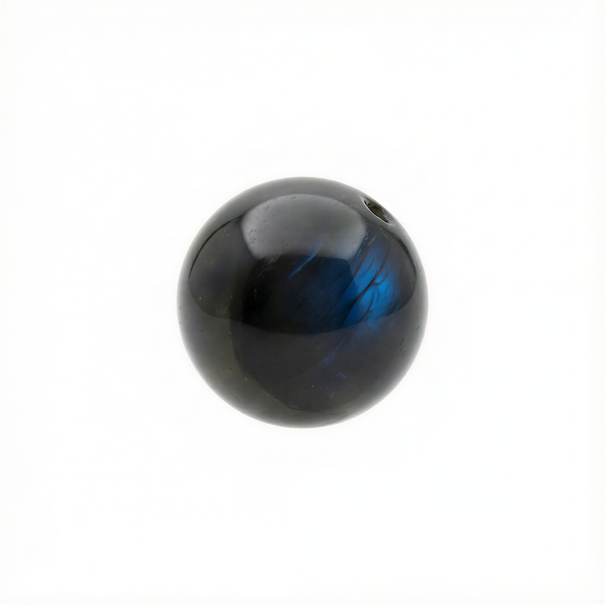 Single black labradorite round bead with subtle blue flash, photographed on pure white studio background