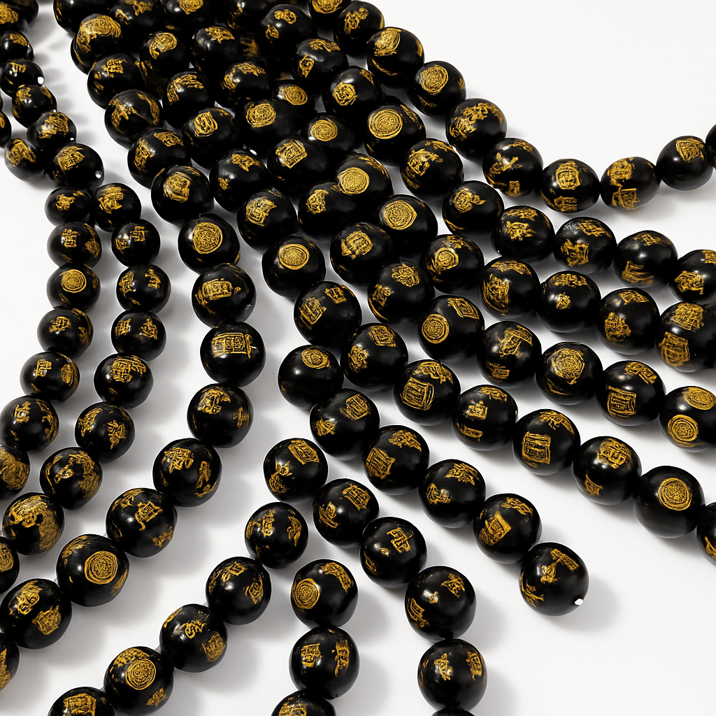 Gold Protection Symbols on Black Onyx 10mm Smooth Round Bead (GEM2459)