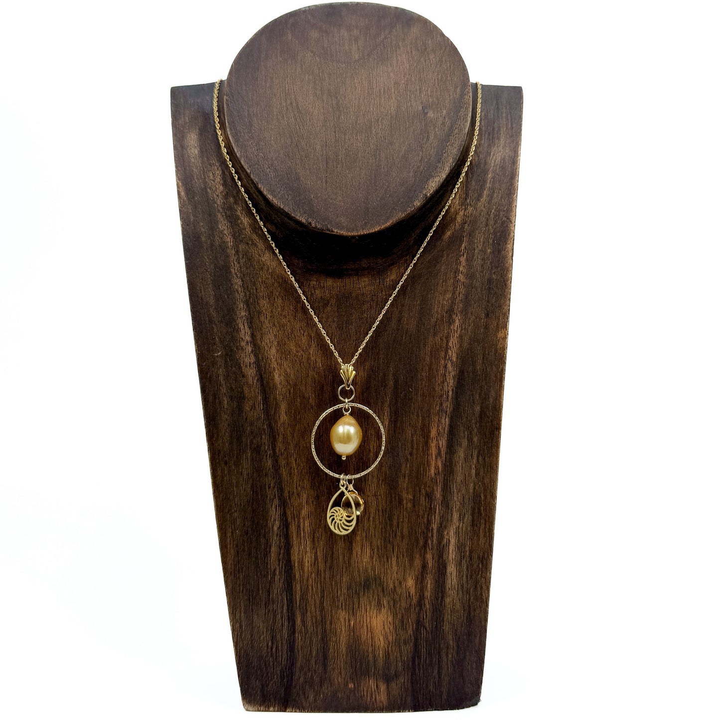 Golden Pearl Pendant and Nautilus Charm Necklace (J373)