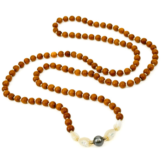 Pikake & Tahitian Pearl Long Sandalwood Necklace Kit (KT718)-The Bead Gallery Honolulu