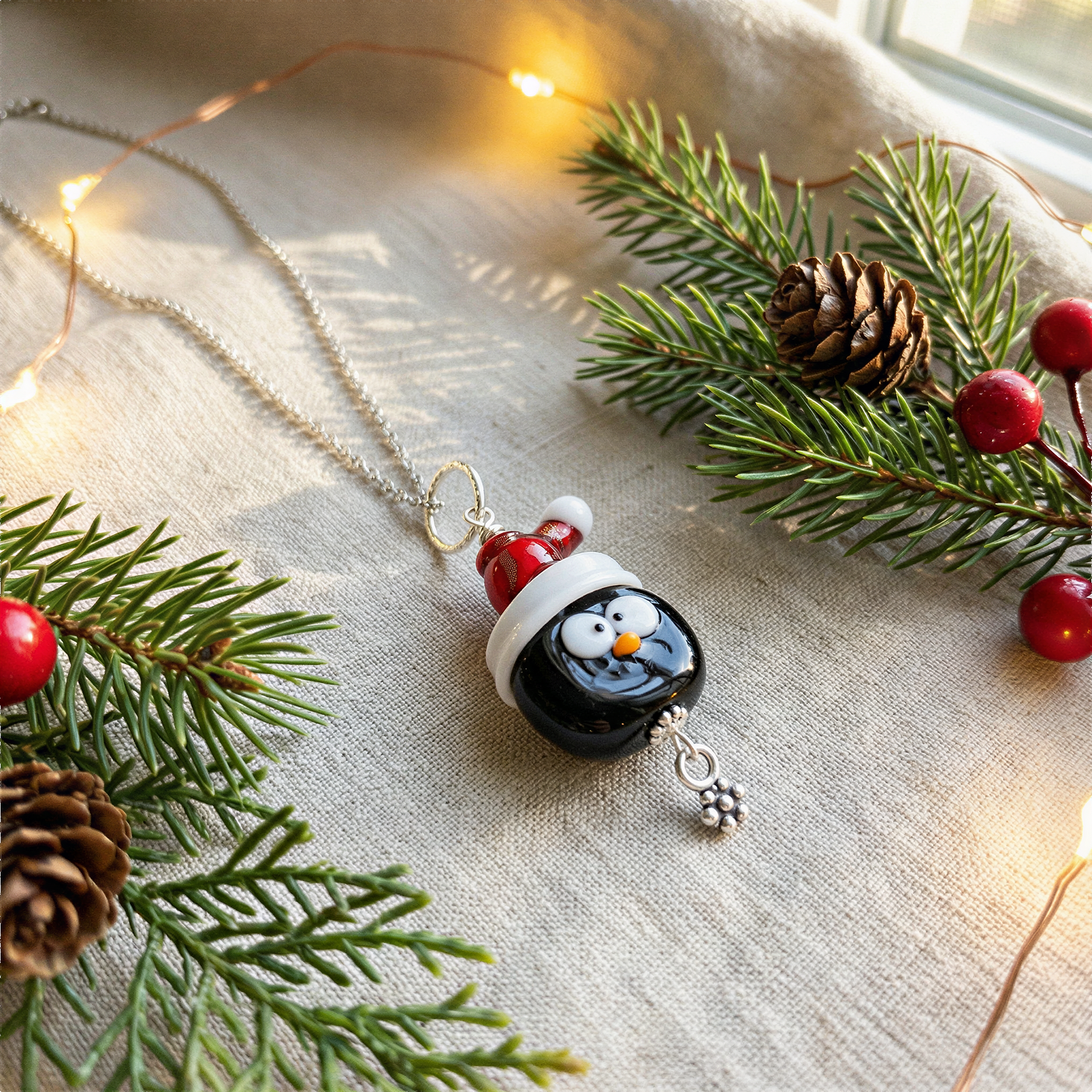 Holiday penguin glass bead necklace displayed with refined lighting, enhanced clarity and color, elegant minimal backdrop