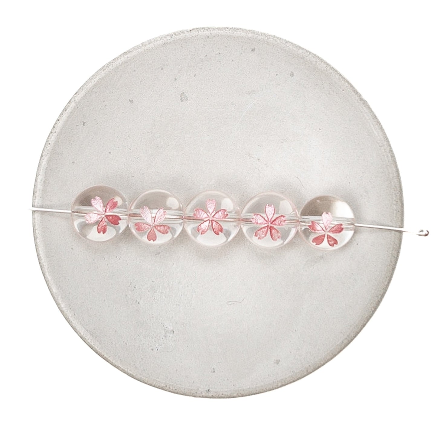 Crystal Quartz with Etched Pink Sakura Blossom 10mm Round Bead - 1 pc.