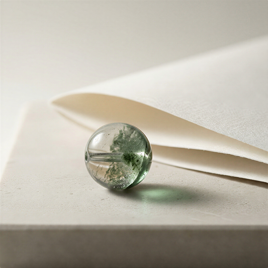 Single 12mm lodalite bead on linen surface beside faint ruler mark, soft daylight revealing natural inclusions