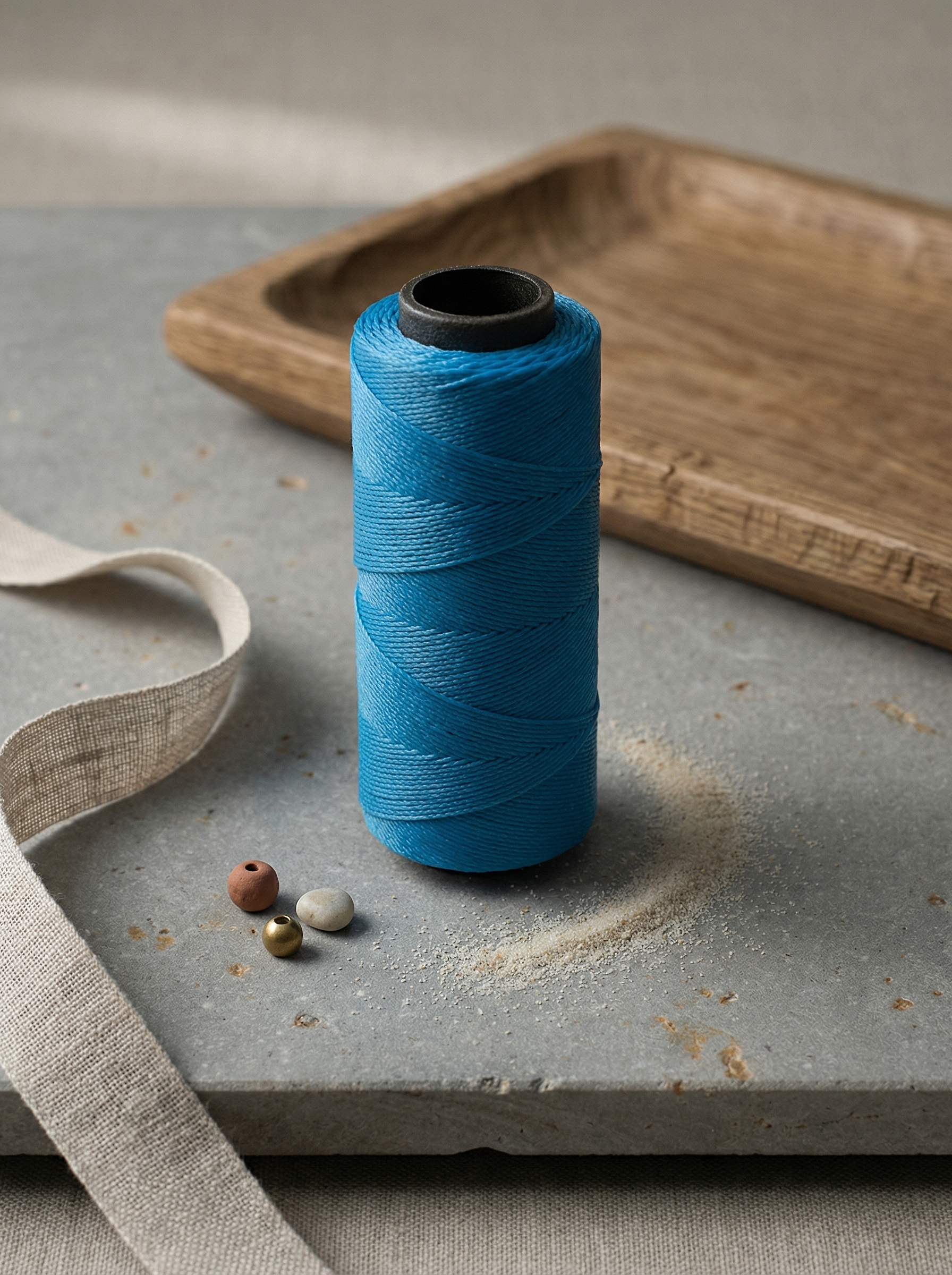 Waxed polyester cord spool on honed limestone with linen, oak tray, beads