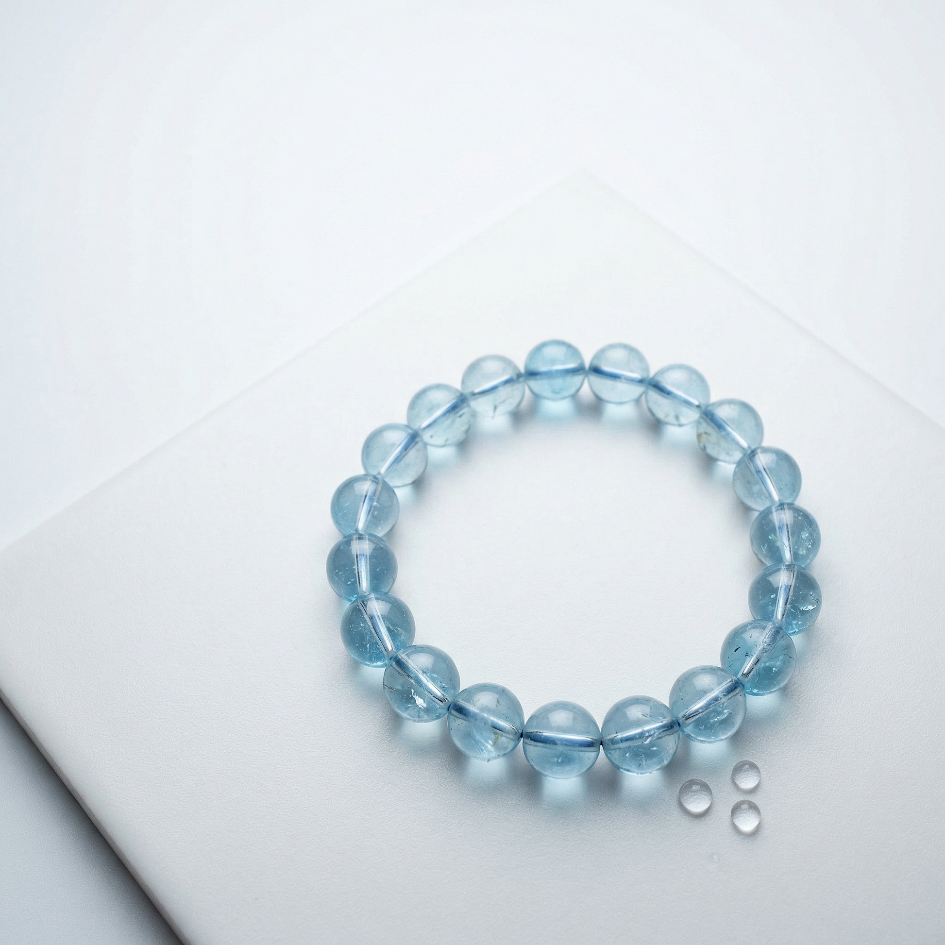Blue topaz bead bracelet on matte white porcelain with soft overhead light and dew droplets.