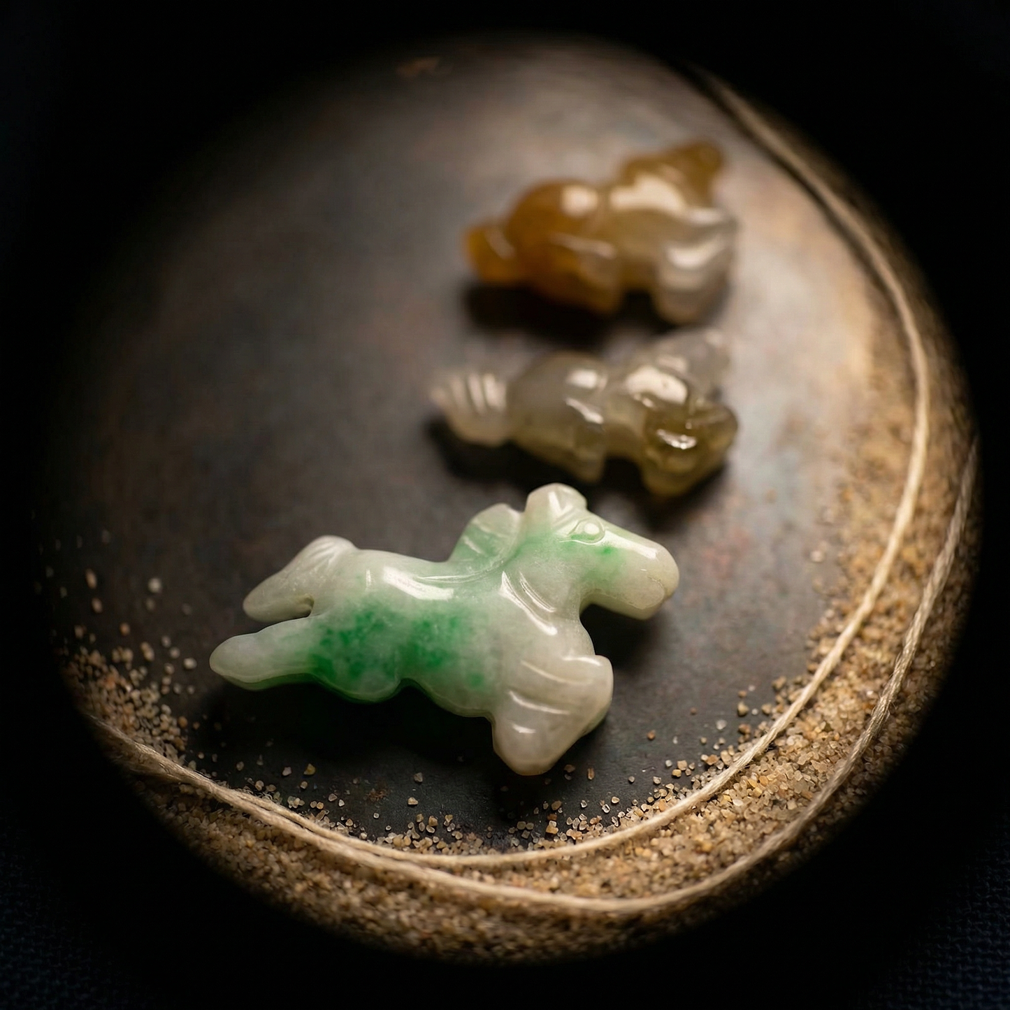 Three carved jade horse beads on dark slate under a tight overhead pool of warm daylight
