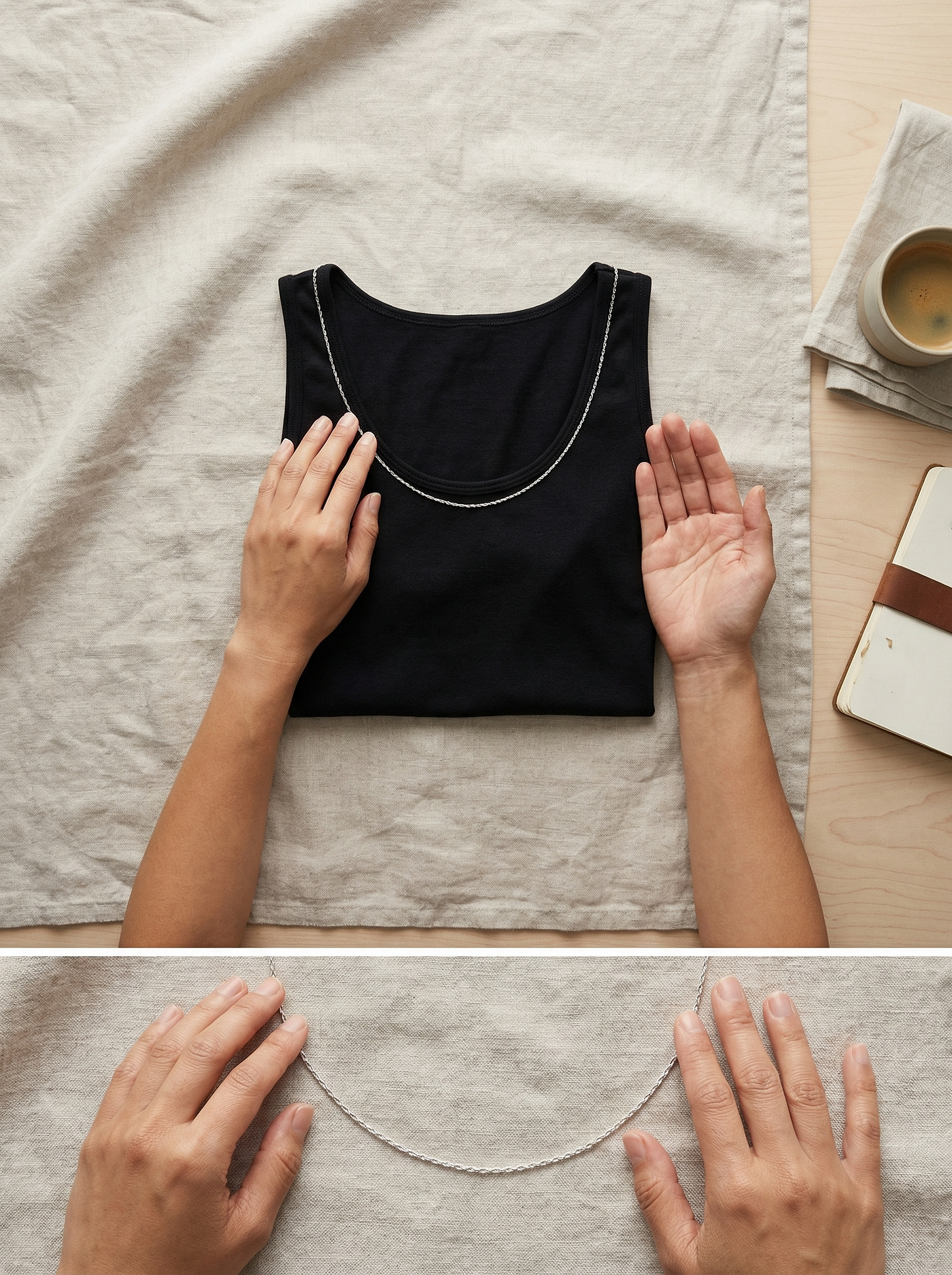 Overhead study: sterling rope chain tracing black tank scoop on textured linen with hands
