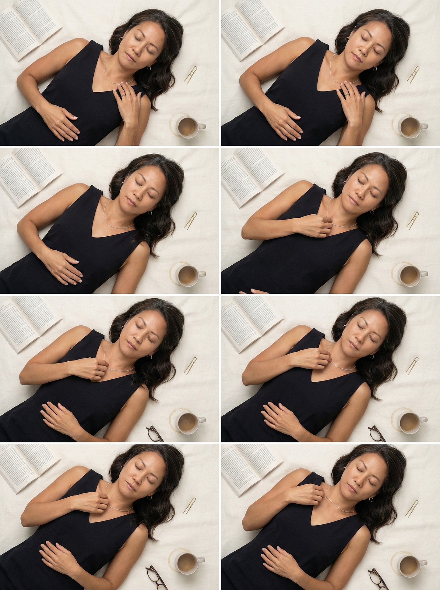 Overhead study of a model reclining on linen with a sterling rolo chain at the collarbone and quiet still-life accents around them.