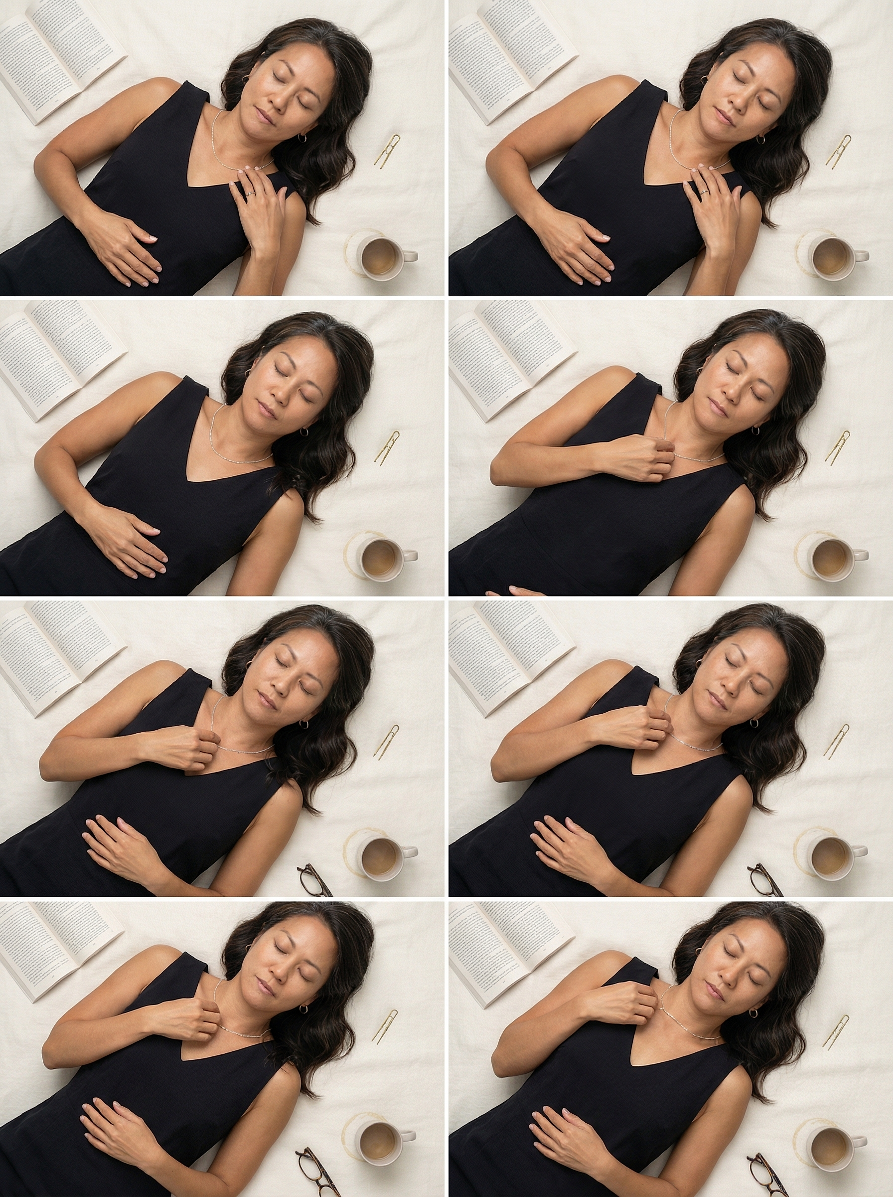 Overhead study of a model reclining on linen with a sterling rolo chain at the collarbone and quiet still-life accents around them.