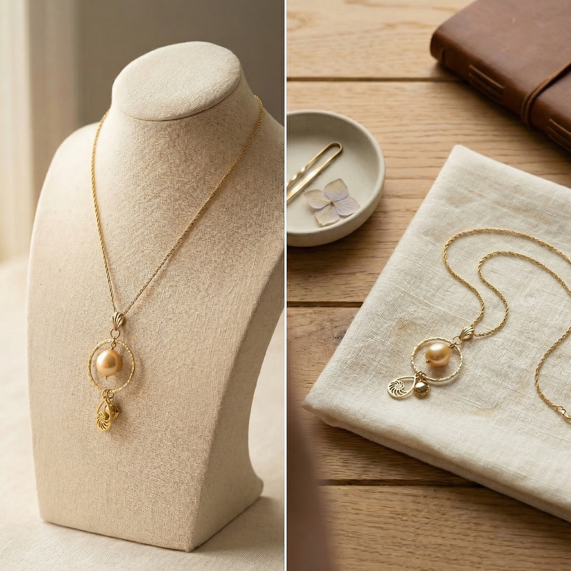 Gold necklace with a lustrous pearl pendant and nautilus charm resting on soft linen, bathed in warm, even window light