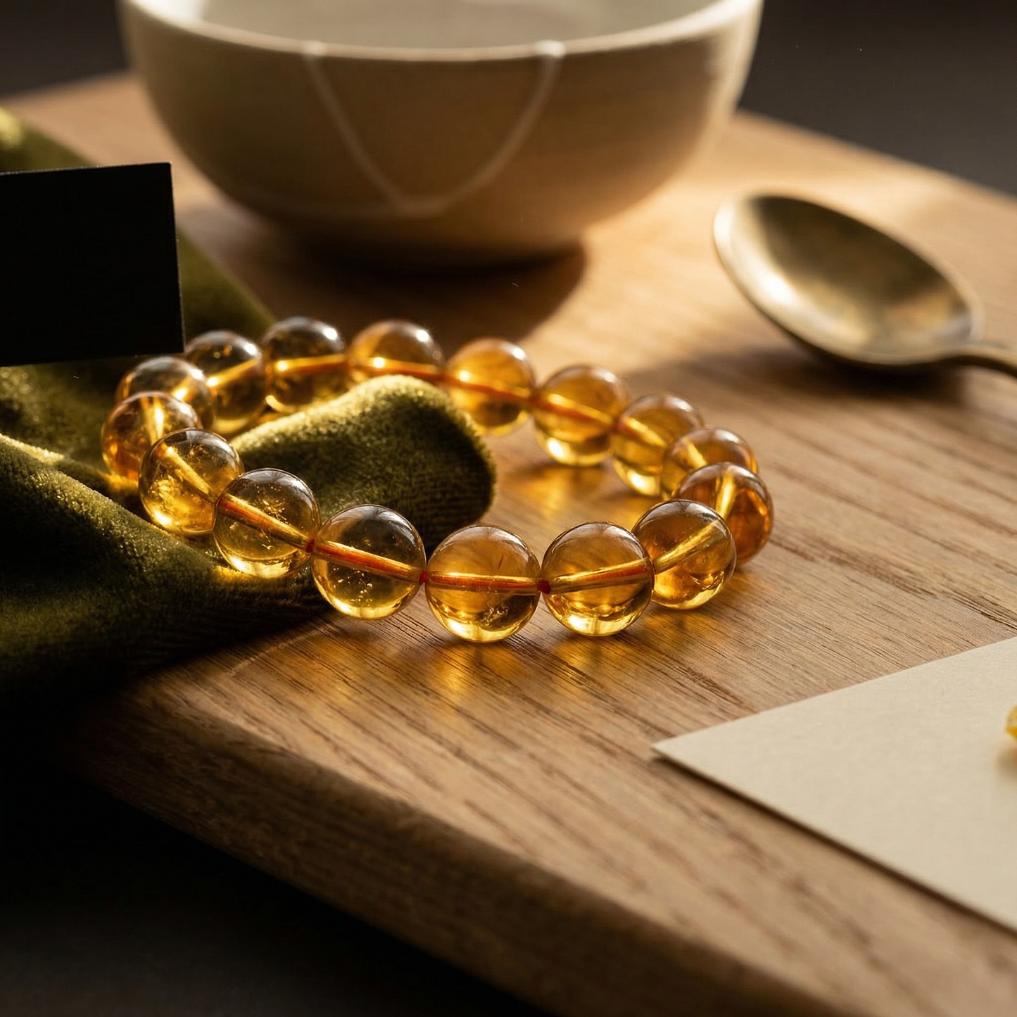 Brazilian citrine bead bracelet on oak slab with olive velvet and warm backlight.