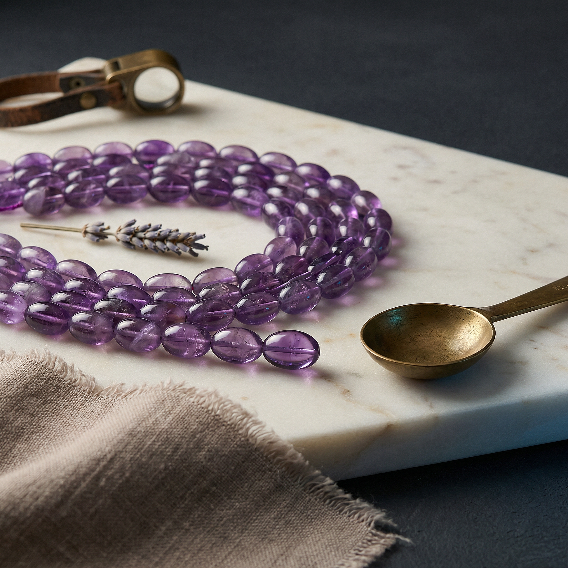 Amethyst barrel bead strand on ivory marble with linen, lavender, brass scoop.