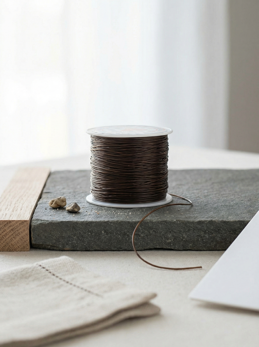 Single stretchy cord spool on basalt slab with linen, oak, pebbles, soft morning light