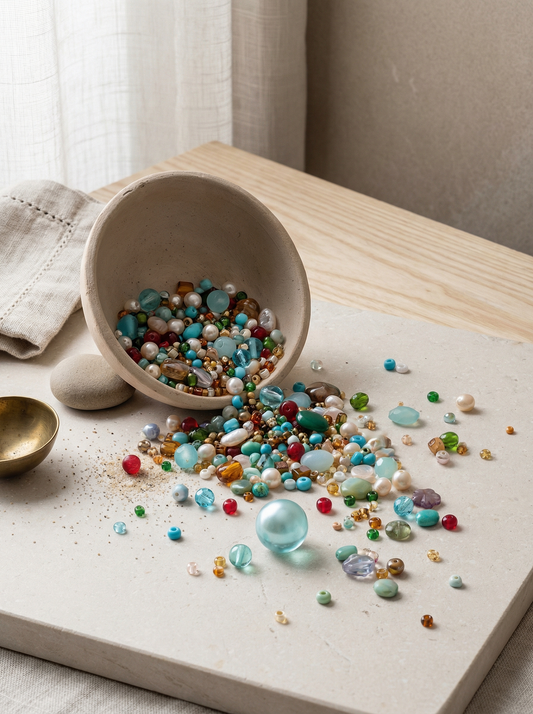 Holi-YAY bead mix spilling from a tipped clay bowl onto pale stone, soft linen light.