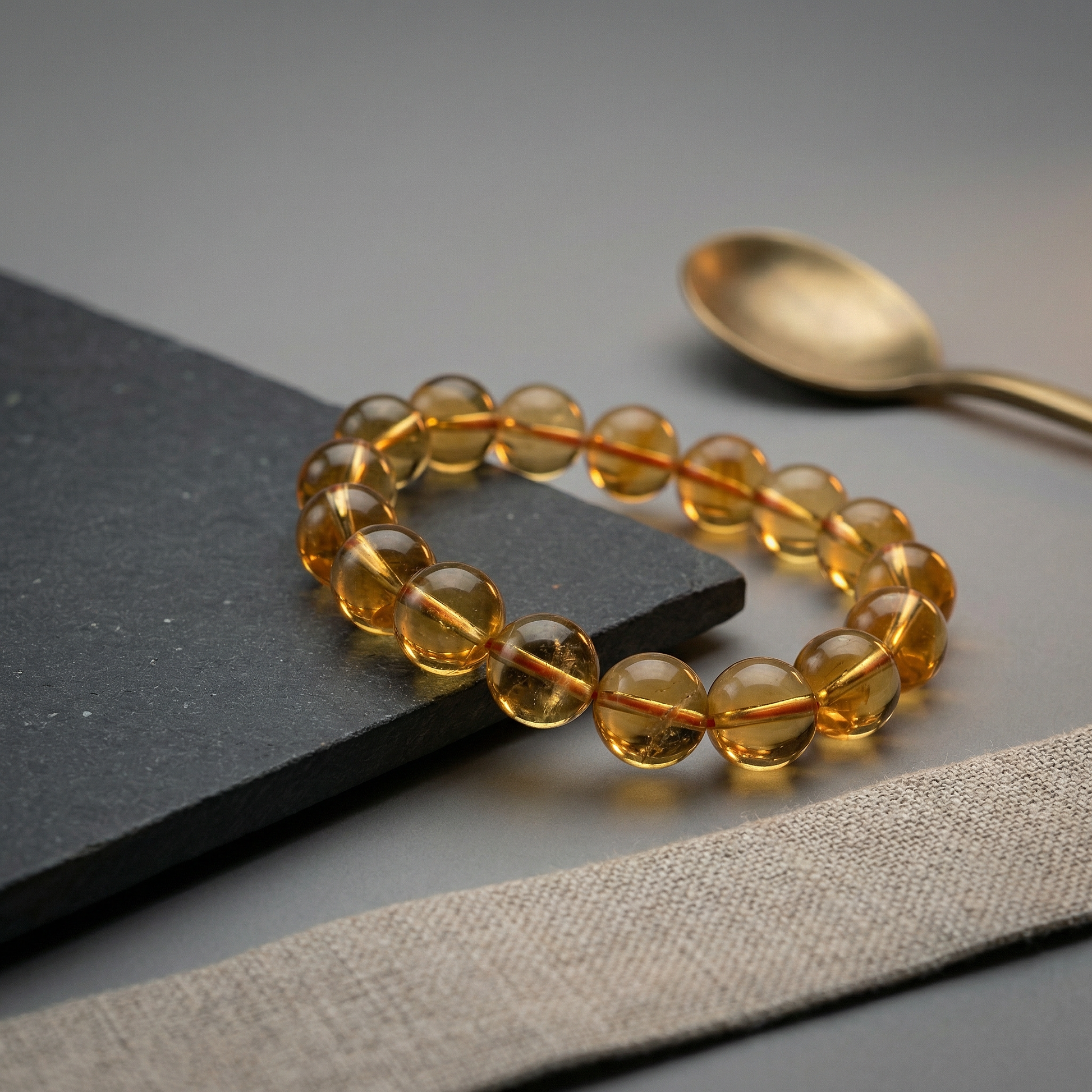 Citrine bead bracelet draped on charcoal slate with linen and matte brass spoon.
