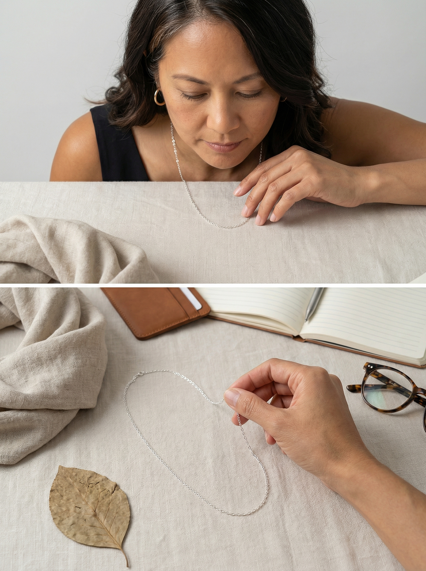 Model adjusts a sterling silver chain over pale linen flat-lay with thoughtful, quiet posture and soft overhead light
