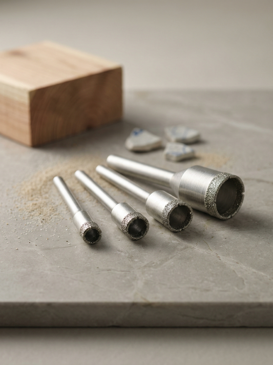 Four diamond core drill bits on honed limestone with cedar block and tiny ceramic fragments.
