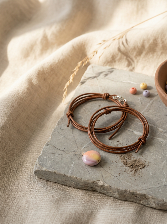 Pastel bead bracelet kit coiled on limestone with linen, soft morning light.