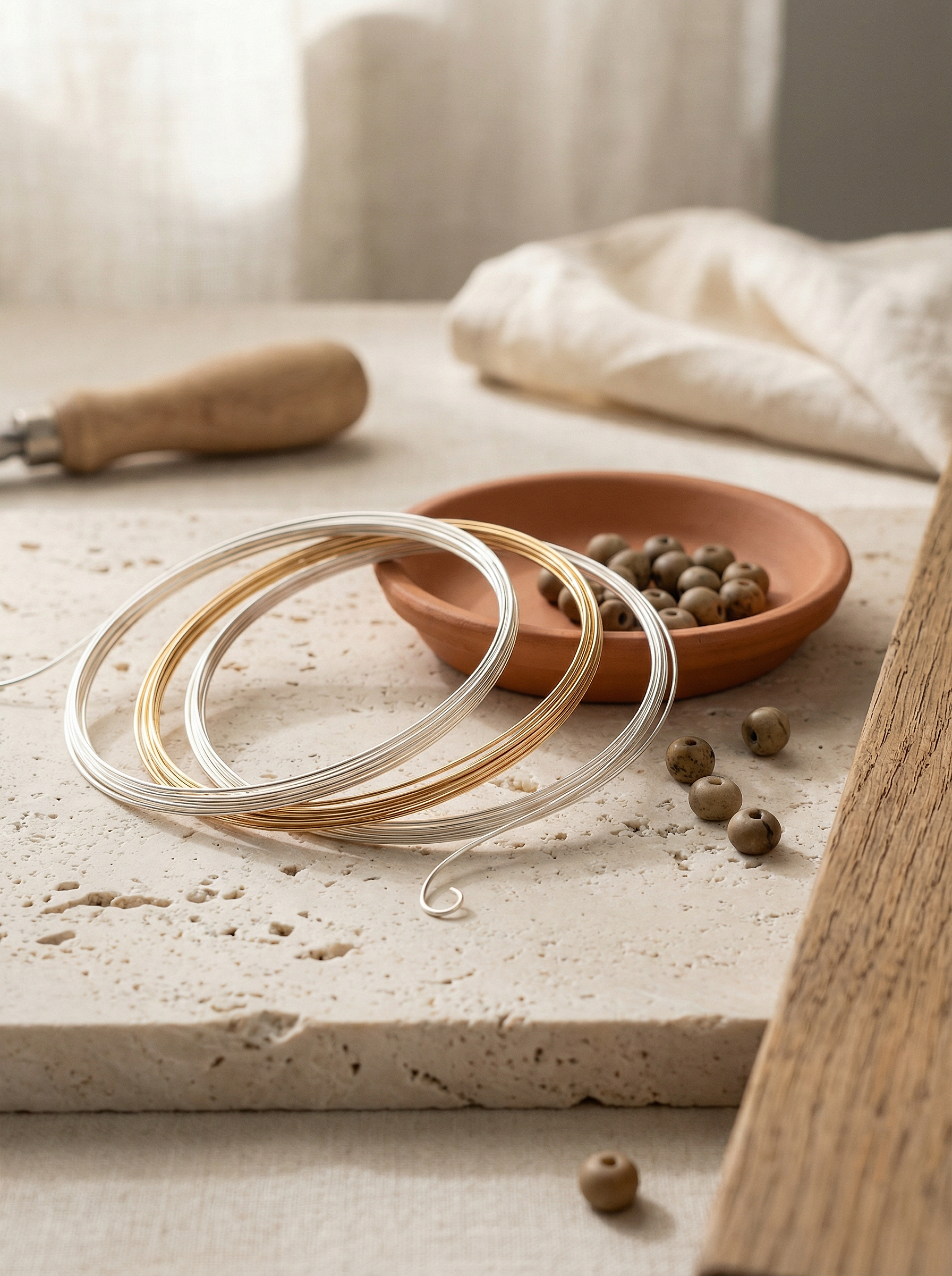 Three metal wire coils on pale travertine with scattered seed beads and cream linen.