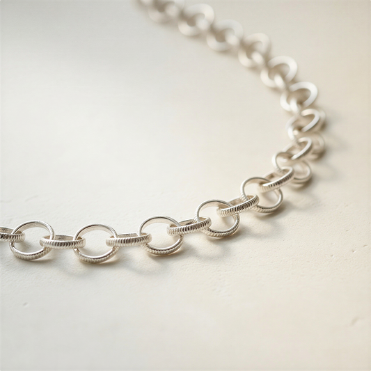 Textured sterling silver rolo chain with 2x10mm links photographed on neutral surface with enhanced clarity, true color, soft highlights