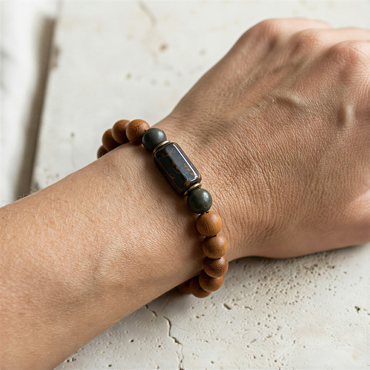 Feng Shui Bayong Wood and Boulder Opal Bracelet (J309)