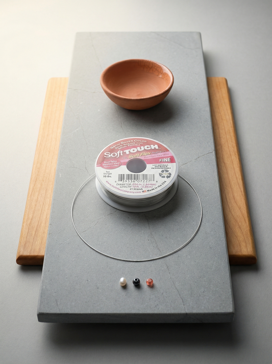 Soft TOUCH cable spool on honed limestone with maple, terracotta bowl, and three small beads.