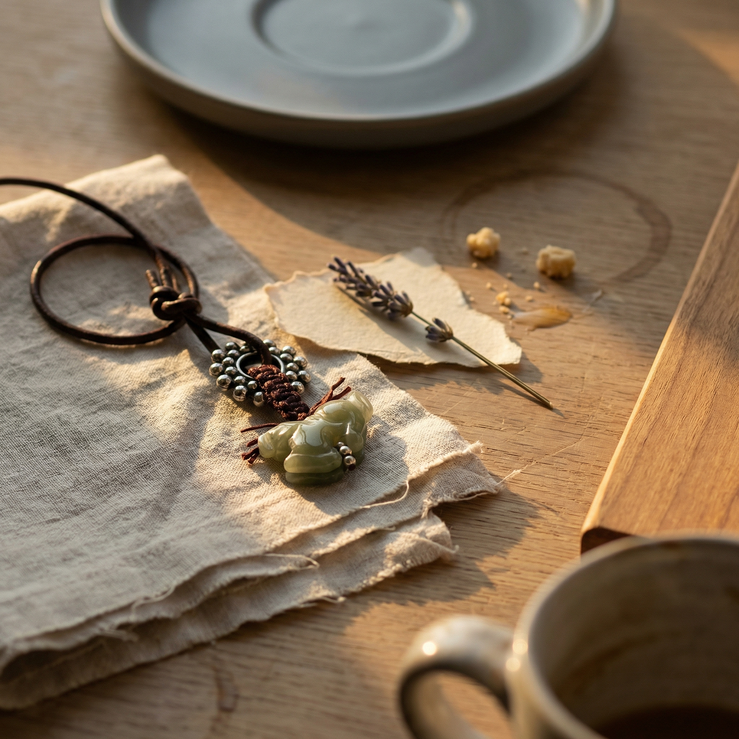 Hand-carved jade running-horse bead on linen with honeyed light, lavender, and ceramic backdrop.