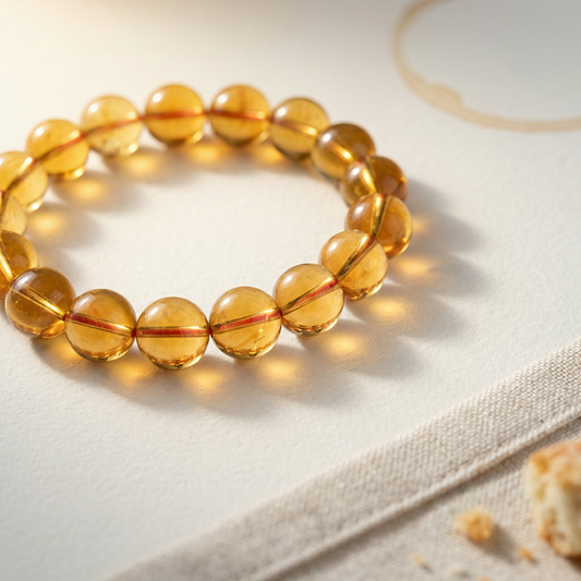 Citrine bracelet on matte eggshell white with soft morning light and linen whisper.