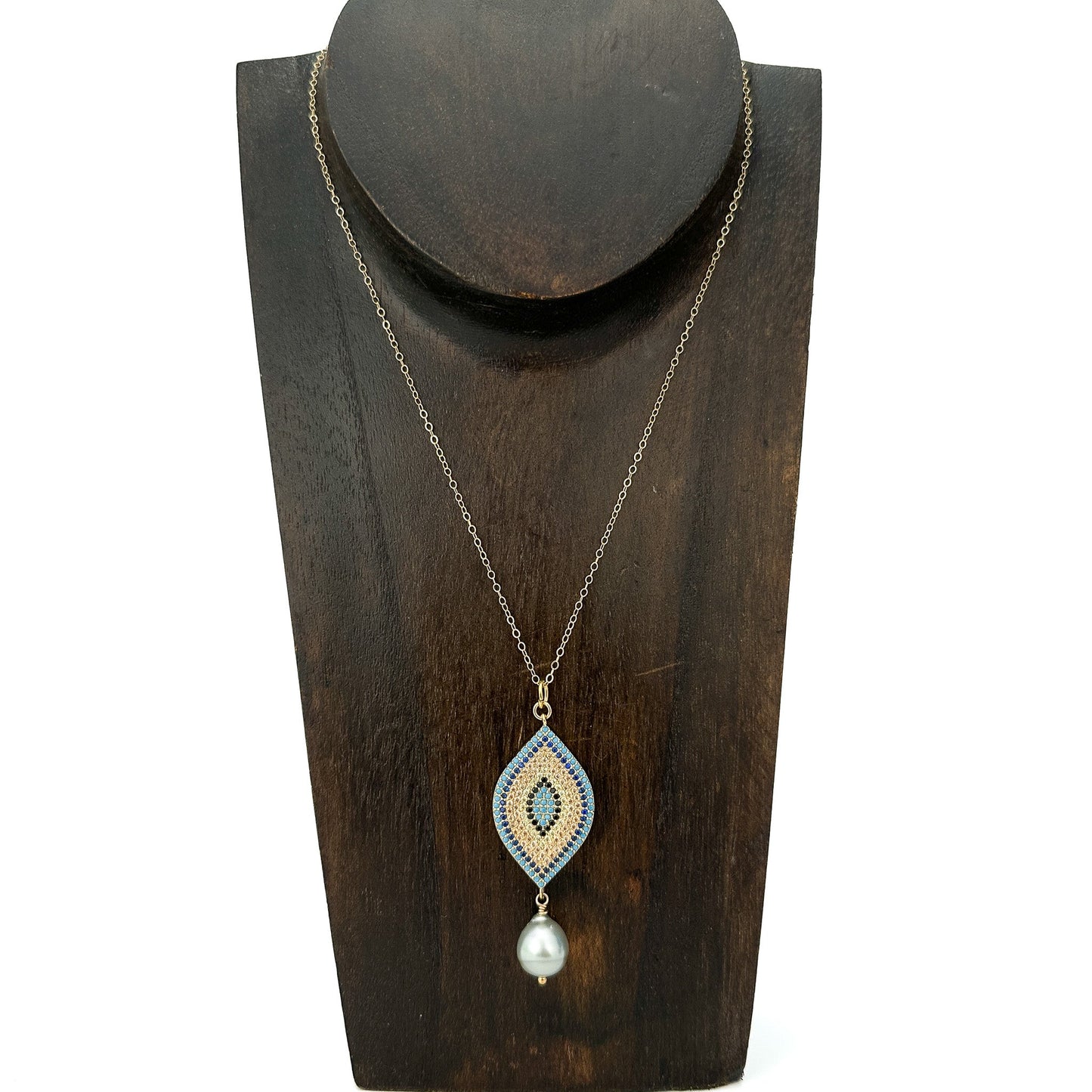 Tahitian Pearl with Pave Evil Eye Protection Necklace (3 Options)- (J258)-The Bead Gallery Honolulu