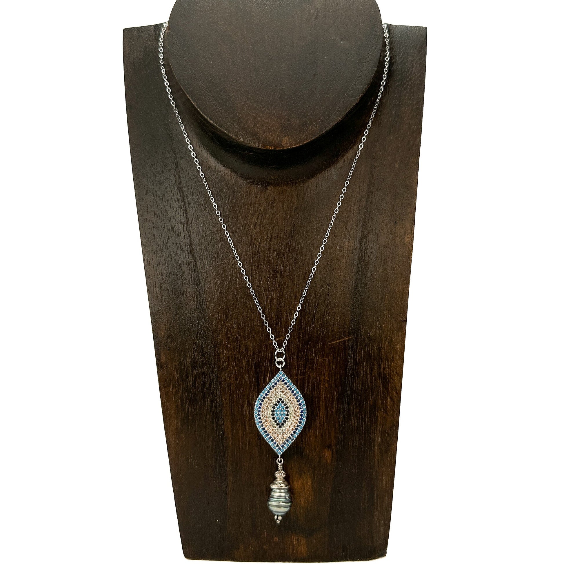 Tahitian Pearl with Pave Evil Eye Protection Necklace (3 Options)- (J258)-The Bead Gallery Honolulu