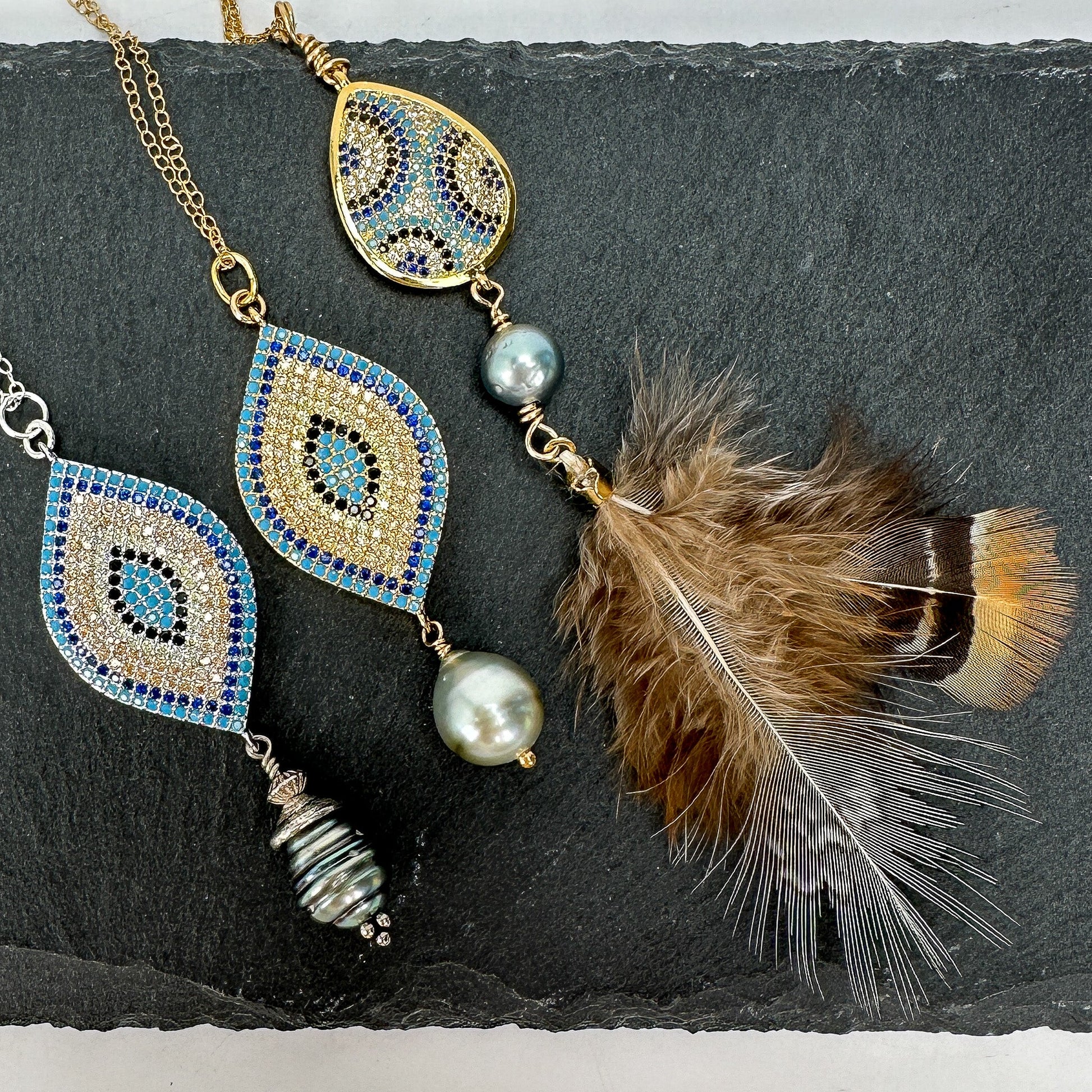 Tahitian Pearl with Pave Evil Eye Protection Necklace (3 Options)- (J258)-The Bead Gallery Honolulu