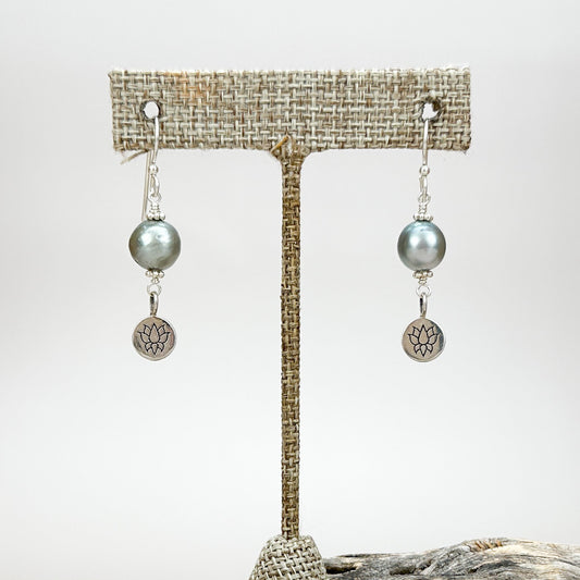 Tahitian Pearl with Sterling Silver Lotus Finished Earrings - 1 pair (J218)-The Bead Gallery Honolulu