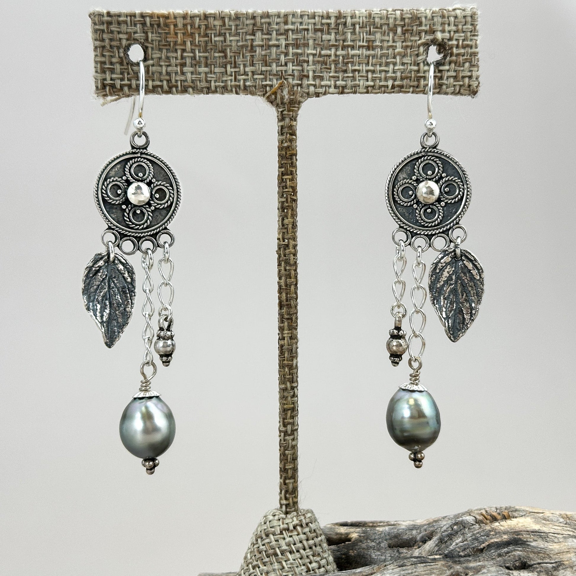 Tahitian Pearls Silver Medallion Finished Earrings - 1 pair (J222)-The Bead Gallery Honolulu